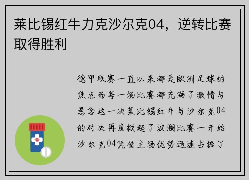 莱比锡红牛力克沙尔克04，逆转比赛取得胜利